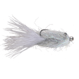 A light silver and white fishing fly with a skirt of fine strands, a dark metal hook, and a small silver bead head, shown on a plain white background.