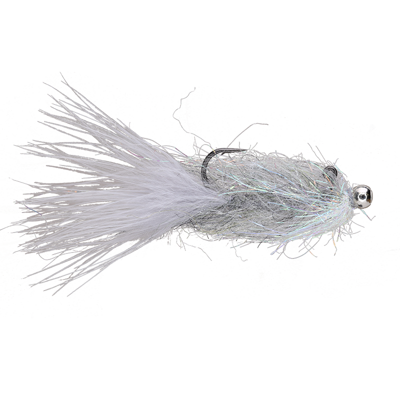 A light silver and white fishing fly with a skirt of fine strands, a dark metal hook, and a small silver bead head, shown on a plain white background.