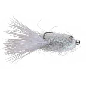 A light silver and white fishing fly with a skirt of fine strands, a dark metal hook, and a small silver bead head, shown on a plain white background.