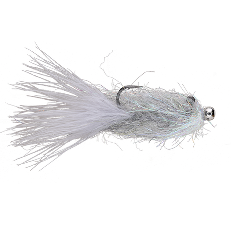 A light silver and white fishing fly with a skirt of fine strands, a dark metal hook, and a small silver bead head, shown on a plain white background.