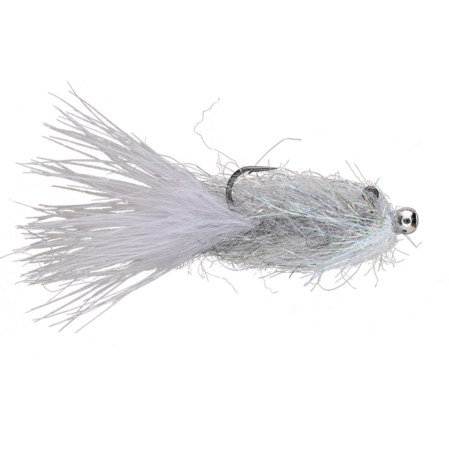 A light silver and white fishing fly with a skirt of fine strands, a dark metal hook, and a small silver bead head, shown on a plain white background.
